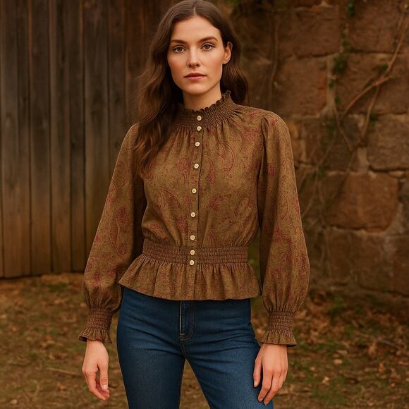 Superdry Floral Smocked Button Top Sz Small Boho Prairie Fall Preppy Heritage - Picture 1 of 10